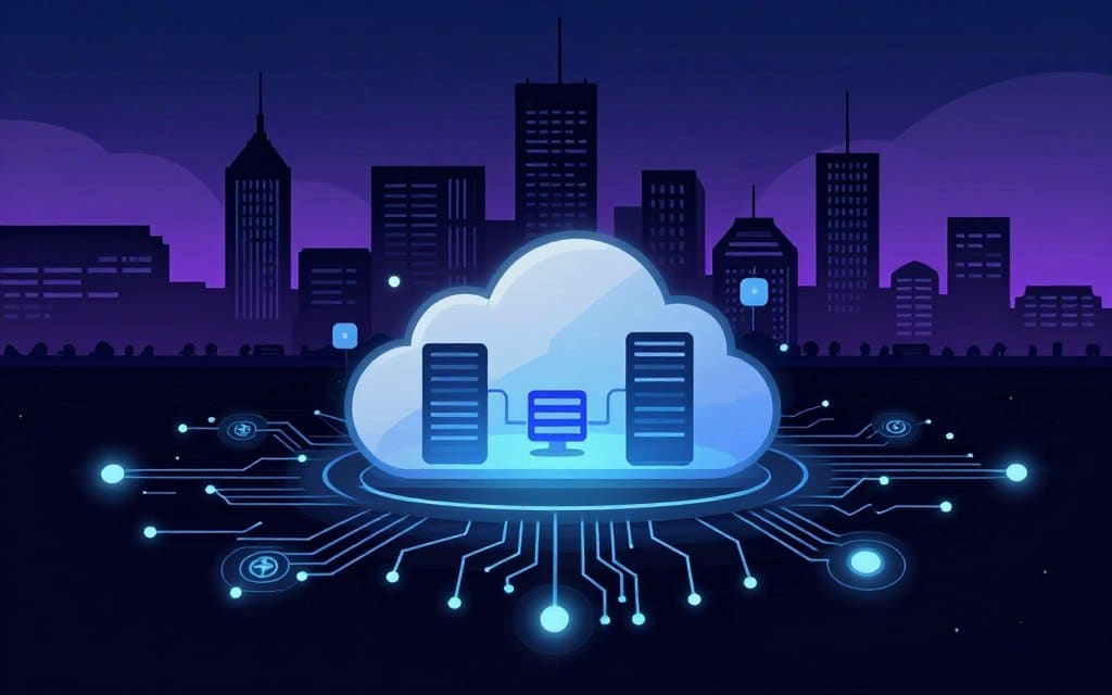A futuristic illustration depicting the integration of AI detection with cloud services in a sleek, digital environment. In the foreground, abstract representations of AI algorithms and data streams, with glowing nodes and circuit patterns symbolizing intelligence and analysis. The middle layer features stylized cloud infrastructures, showcasing interconnected servers and virtual storage units, surrounded by soft glow accents. The background displays a dynamic city skyline, signifying modern technology, under a twilight sky with gradients of blue and purple. The overall atmosphere is one of innovation and seamless collaboration, with high contrast and clean lines that enhance the flat vector style. A futuristic illustration depicting the integration of AI detection with cloud services in a sleek, digital environment. In the foreground, abstract representations of AI algorithms and data streams, with glowing nodes and circuit patterns symbolizing intelligence and analysis. The middle layer features stylized cloud infrastructures, showcasing interconnected servers and virtual storage units, surrounded by soft glow accents. The background displays a dynamic city skyline, signifying modern technology, under a twilight sky with gradients of blue and purple. The overall atmosphere is one of innovation and seamless collaboration, with high contrast and clean lines that enhance the flat vector style.