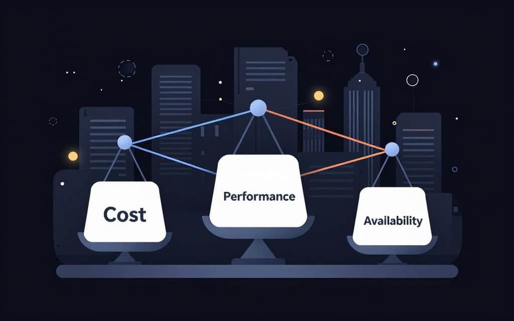 Create a flat vector-style illustration representing the concept of "balancing cost, performance, and high availability" in database systems. In the foreground, feature three distinct, stylized scales symbolizing cost, performance, and availability, each balanced on a sleek platform. The middle ground should include abstract representations of data flow and connectivity, shown as colorful, interwoven lines and nodes. The background should consist of a futuristic cityscape with glowing digital elements, suggesting advanced technology and reliability. Utilize high contrast colors with soft glow accents to evoke a sense of dynamism and innovation, while maintaining a clean aesthetic. The overall mood should be professional and optimistic, emphasizing efficiency and modernity.