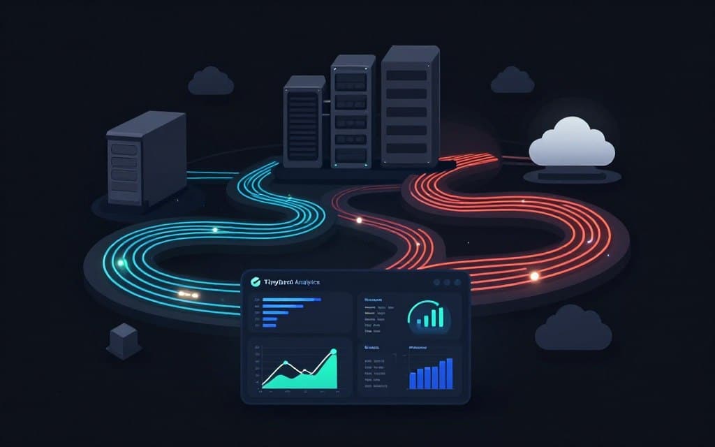 Tinybird analytics platform workflow illustrated in a flat vector style, showcasing a seamless integration of real-time data streams, analytics dashboards, and data visualization elements. In the foreground, display a sleek analytics dashboard with glowing graphs and charts, emphasizing data flow and insights. The middle layer should feature dynamic data streams represented by flowing lines and vibrant colors demonstrating real-time analytics processing. In the background, include abstract representations of server structures and cloud storage, with a soft glow accenting the technology theme. Use high contrast colors and clean lines to enhance clarity and focus, creating a professional atmosphere that conveys efficiency and innovation in analytics technology.