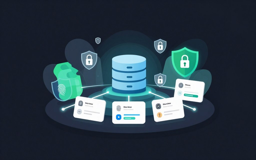 A centralized multi-factor authentication platform, depicted in a flat vector style with clean lines and a high-contrast color palette. In the foreground, show a sleek, modern digital interface featuring various authentication methods such as fingerprint scans, SMS codes, and app notifications, all interconnected through glowing lines. In the middle ground, visualize a stylized database icon, surrounded by secure locks and shield symbols to represent data protection. The background can consist of abstract, geometric shapes in soothing blues and greens, creating a sense of secure connectivity. Soft glow accents highlight the interface, with a calm and professional atmosphere, emphasizing security and advanced technology. The lighting should be balanced and harmonious, avoiding any harsh shadows.