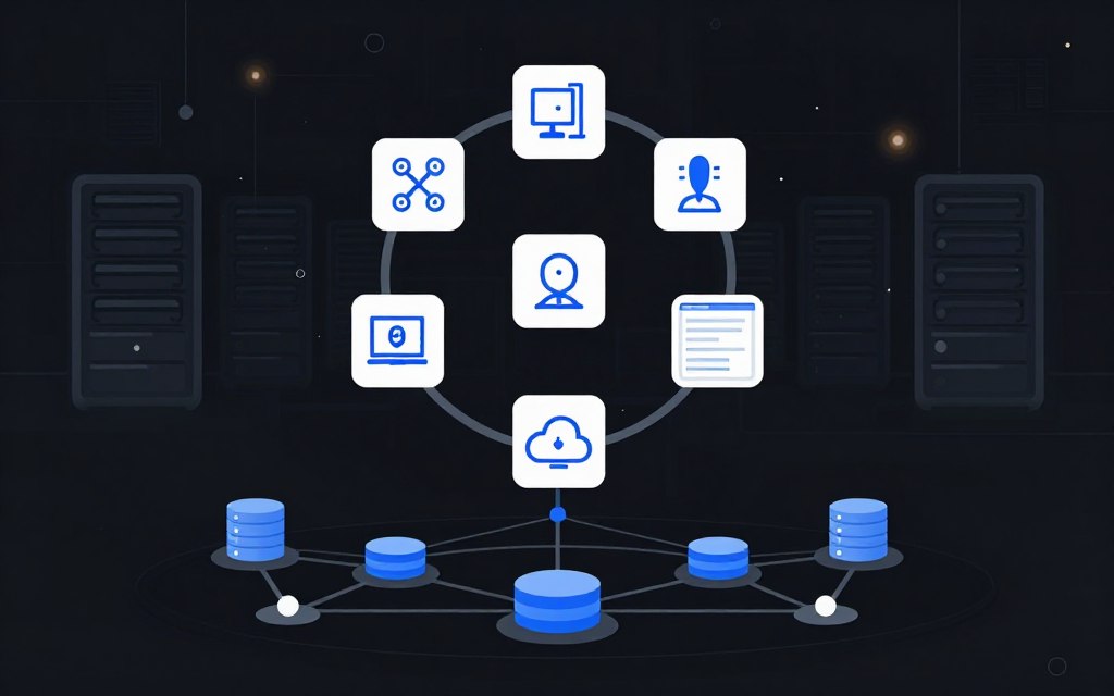 A clean, flat vector illustration depicting best practices for testing, deployment, and monitoring in database patch management. In the foreground, showcase a detailed, stylized network diagram with clearly defined nodes representing servers, databases, and cloud services. In the middle, include icons symbolizing testing tools, deployment mechanisms, and monitoring dashboards, arranged harmoniously in a circular layout to convey interconnectedness. The background features a sleek, digital landscape with server racks and abstract technology patterns in soft glow accents, creating a futuristic atmosphere. Use high contrast colors to emphasize critical elements, ensuring the overall mood is professional and organized, with a focus on clarity and visual communication of the concepts.