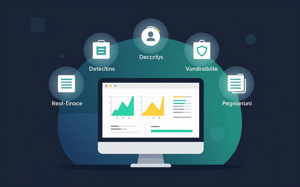 A detailed and informative flat vector illustration depicting the core features and capabilities of vulnerability scanning tools. In the foreground, display a stylized representation of a computer monitor showing a dashboard with various security metrics, including graphs, alerts, and a scanning progress bar. In the middle ground, include various icons symbolizing key features like threat detection, vulnerability assessment, real-time scanning, and reporting. Use a clean layout with soft glow accents around each icon and feature. The background should be a gradient of calming blues and greens, symbolizing security and technology. The entire composition should convey a sense of professionalism and trustworthiness, with high contrast for clarity and visual impact.