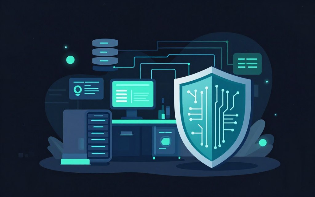 A dynamic flat vector illustration depicting a fortified digital landscape symbolizing "Strengthening Security Posture with Regular Vulnerability Assessments". In the foreground, a large, stylized shield made of circuit patterns represents security. The middle ground features a high-tech server room with glowing screens displaying vulnerability assessment metrics. In the background, abstract representations of databases are interconnected by glowing lines, illustrating data flow and connectivity. Soft glow accents throughout enhance the futuristic feel. Use clean lines and high contrast to create depth, with a modern color palette of blues and greens. The mood should convey diligence, robustness, and an unwavering commitment to security, all in a safe-for-work setting without any human figures or text.