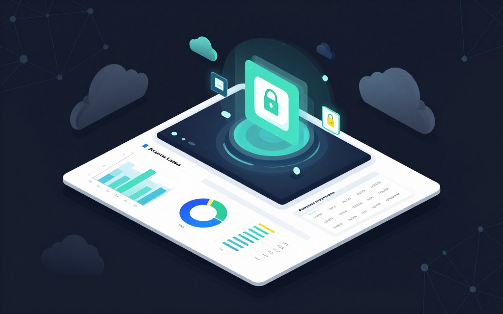 A flat vector illustration of a sleek digital dashboard displaying Azure audit logs, prominently featuring clean lines and high contrast. In the foreground, showcase a series of detailed visual elements like graphs, pie charts, and data tables reflecting database access metrics. In the middle, incorporate icons representing security and monitoring tools, surrounded by soft glow accents to enhance the high-tech atmosphere. The background includes stylized cloud motifs and network diagrams implying a digital environment. Utilize a top-down perspective to convey analysis and oversight, with a soft blue and green color palette radiating professionalism and clarity, conveying a mood of precision and efficiency in data management and monitoring.