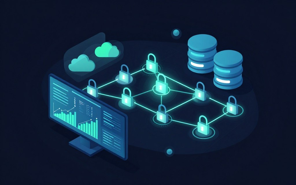 A flat vector illustration showcasing advanced security tools for insider threat detection. In the foreground, a sleek, high-tech monitoring dashboard with glowing screens displaying analytics and data graphs. The middle ground features a series of interconnected network nodes symbolizing database security, with bright, secure lines highlighting safe connections. In the background, abstract representations of cloud storage and data centers with a soft glow to create a sense of technological advancement. The overall color scheme consists of deep blues and greens, with high contrast elements to emphasize the security theme. The mood is professional and focused, conveying a sense of vigilance and cutting-edge innovation in cybersecurity.