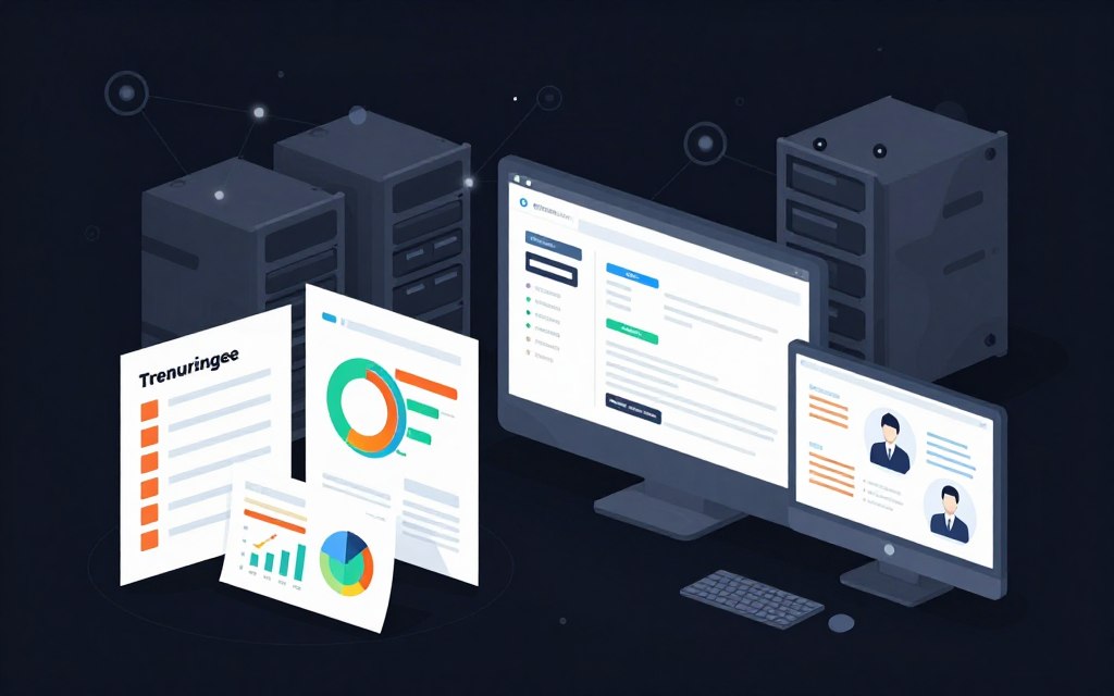 A flat vector style illustration depicting a comprehensive training, testing, and measuring plan for performance related to database security. In the foreground, showcase vibrant visuals of a training checklist, performance metrics graphs, and a testing environment with simulated security scenarios. The middle ground features a sleek digital dashboard displaying key performance indicators and assessment tools, enhanced by soft glow accents. In the background, abstract representations of secure servers and network connections create a high-tech atmosphere. Utilize clean lines and high contrast to emphasize clarity and professionalism, with a focus on a structured layout that conveys diligence in security planning. The overall mood is analytical and proactive, reflecting the importance of preparedness in managing security incidents.