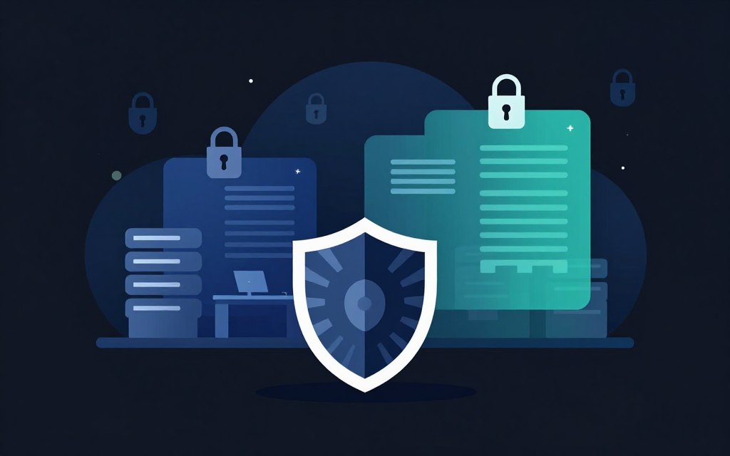A flat vector style illustration depicting the concept of Operational Security through the OCTAVE framework. In the foreground, a stylized shield icon represents security, with intricate patterns symbolizing data protection. In the middle ground, a modern office environment features abstract representations of databases and network structures, gently illuminated by soft glow accents. The background showcases a digital landscape with abstract security symbols, like locks and firewalls, set against a gradient backdrop of deep blue transitioning to teal, signifying a technological atmosphere. The overall mood conveys a sense of vigilance and professionalism, with high contrast to enhance visual clarity, keeping the composition clean and focused without any human figures or text elements.