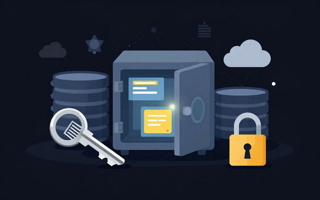 A flat vector style illustration of various tools and technologies for key management within a database encryption context. In the foreground, showcase a digital key symbol entwined with circuit patterns, representing cybersecurity. In the middle, include an open safe with glowing data blocks and a lock, symbolizing protection of sensitive information. The background features a digital landscape with abstract representations of cloud storage and network connections, incorporating clean lines and high contrast. Soft glow accents illuminate key elements, creating a professional yet dynamic atmosphere. Use bright colors to enhance the visualization's clarity and appeal, ensuring the image feels modern and innovative. A flat vector style illustration of various tools and technologies for key management within a database encryption context. In the foreground, showcase a digital key symbol entwined with circuit patterns, representing cybersecurity. In the middle, include an open safe with glowing data blocks and a lock, symbolizing protection of sensitive information. The background features a digital landscape with abstract representations of cloud storage and network connections, incorporating clean lines and high contrast. Soft glow accents illuminate key elements, creating a professional yet dynamic atmosphere. Use bright colors to enhance the visualization's clarity and appeal, ensuring the image feels modern and innovative.