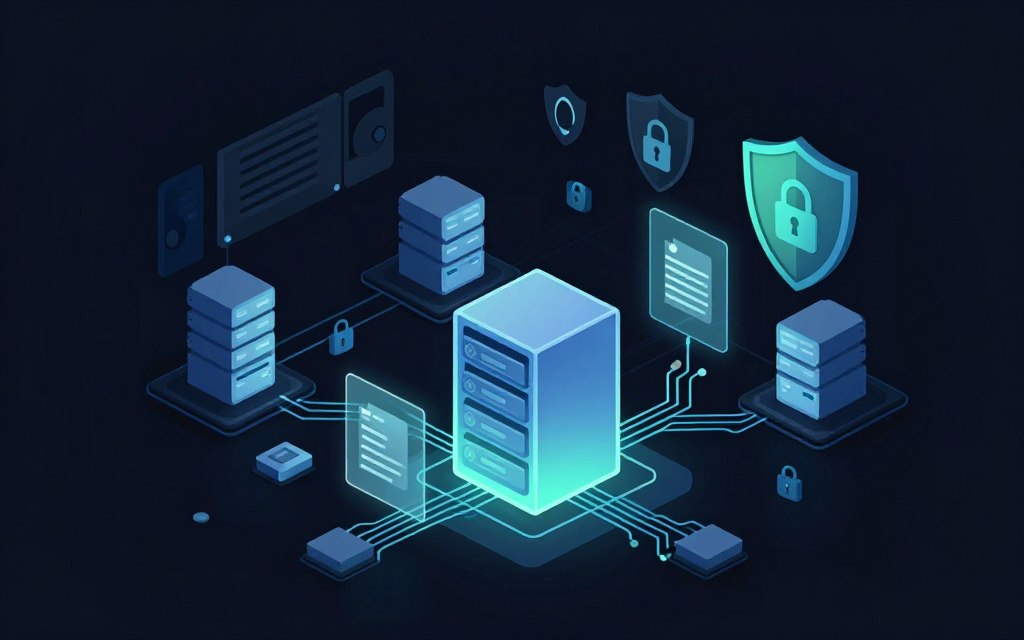 A futuristic digital landscape illustrating the concept of "backup redundancy and data integrity." In the foreground, a transparent data server with glowing circuits represents data storage, surrounded by floating holographic elements showcasing secure file backups. The middle ground features interconnected networks of servers and storage devices, highlighted with soft glow accents to symbolize redundancy. In the background, abstract representations of cybersecurity, like shields and locks, evoke a sense of protection against ransomware threats. The scene is lit with a cool blue and green palette, creating a high-tech, secure atmosphere. Use a clean vector style with soft glowing lines and high contrast, ensuring a modern look without any people or text.