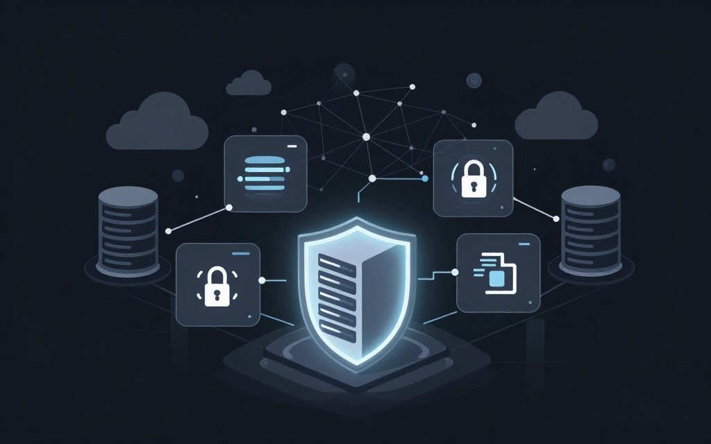 A futuristic digital landscape representing the concept of Zero Trust Access Management. In the foreground, a secure server encapsulated in a glowing, shield-like barrier, illustrating protection against unauthorized access. The middle ground features interconnected databases with biometric and multi-factor authentication icons, showcasing advanced security measures. In the background, abstract digital clouds and complex network lines symbolize the flow of data, emphasizing a high-tech atmosphere. The lighting is soft with a glow accenting the barriers and icons, creating a sense of safety and vigilance. The overall mood is secure and professional, with a flat vector style, clean lines, and high contrast to enhance visibility and impact. No human figures or text are included, ensuring a focus on the concept. A futuristic digital landscape representing the concept of Zero Trust Access Management. In the foreground, a secure server encapsulated in a glowing, shield-like barrier, illustrating protection against unauthorized access. The middle ground features interconnected databases with biometric and multi-factor authentication icons, showcasing advanced security measures. In the background, abstract digital clouds and complex network lines symbolize the flow of data, emphasizing a high-tech atmosphere. The lighting is soft with a glow accenting the barriers and icons, creating a sense of safety and vigilance. The overall mood is secure and professional, with a flat vector style, clean lines, and high contrast to enhance visibility and impact. No human figures or text are included, ensuring a focus on the concept.