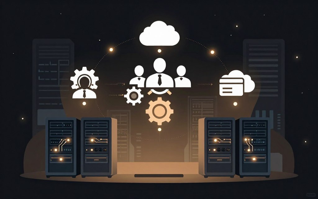 A high-contrast flat vector style illustration depicting automation and team collaboration in the context of database patch management. In the foreground, sleek, modern server racks represent technology, adorned with glowing circuit lines symbolizing automation. The middle layer features abstract icons of teamwork, like interconnected gears and cloud storage, highlighting collaboration and seamless communication. The background consists of a digital landscape with soft glow accents and clean lines, suggesting a futuristic work environment. A warm, professional atmosphere pervades the scene, with soft lighting to provide an inviting feel. The composition should capture the synergy between technology and teamwork without any human figures, focusing solely on the conceptual elements of the theme.