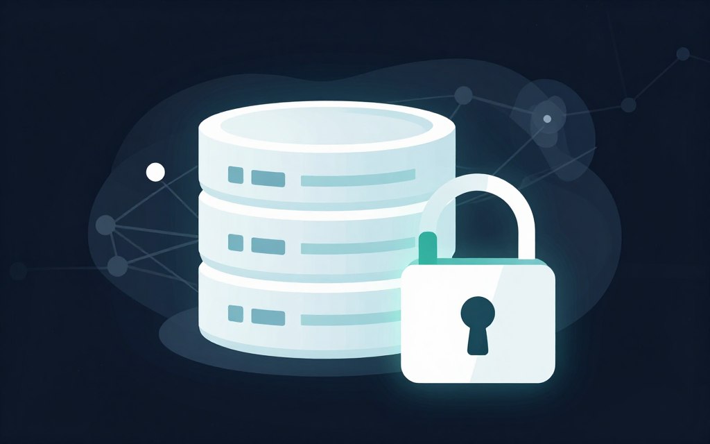A high-contrast flat vector style illustration depicting best practices for secure data access in databases. In the foreground, a digital lock symbol intricately designed with clean lines, representing security and protection. The middle layer features a database icon with rows of data, emphasizing row-level security, surrounded by subtle glowing accents to highlight its importance. In the background, abstract shapes resembling a network of connected nodes illustrate the complexity of data management. The overall atmosphere is professional and modern, with a soft, ethereal glow that conveys a sense of security and trust in data handling. The color palette uses cool blues and greens to evoke a sense of calm and focus.