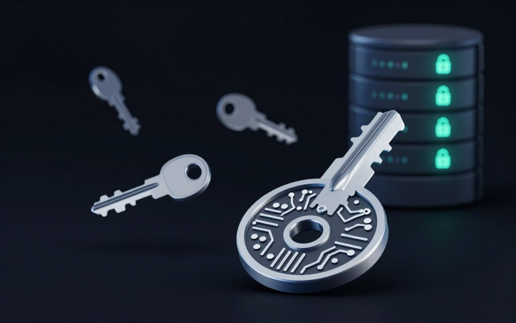 A modern and sleek digital illustration depicting timely key rotation and revocation in a database encryption context. In the foreground, prominently feature a circular key with intricate circuit patterns, symbolizing security and control. The middle ground showcases multiple keys rotating in a dynamic, fluid motion, each emitting a soft glow to represent active and inactive states. In the background, a stylized database grid with glowing locks emphasizes security. Use high contrast to create a dramatic effect, complemented by smooth, clean lines. Soft blue and green accents enhance the tech-savvy atmosphere. The overall mood conveys a sense of vigilance and proactive risk management in data protection, with a futuristic edge. A modern and sleek digital illustration depicting timely key rotation and revocation in a database encryption context. In the foreground, prominently feature a circular key with intricate circuit patterns, symbolizing security and control. The middle ground showcases multiple keys rotating in a dynamic, fluid motion, each emitting a soft glow to represent active and inactive states. In the background, a stylized database grid with glowing locks emphasizes security. Use high contrast to create a dramatic effect, complemented by smooth, clean lines. Soft blue and green accents enhance the tech-savvy atmosphere. The overall mood conveys a sense of vigilance and proactive risk management in data protection, with a futuristic edge.