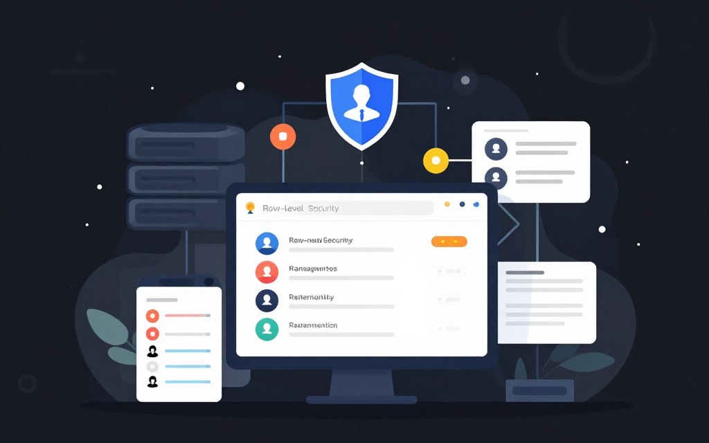A visually engaging flat vector illustration depicting a digital workspace focused on managing user permissions and access structures. In the foreground, display a sleek computer interface with various user profiles, role assignments, and access levels represented by vibrant icons and color-coded graphics. The middle layer features abstract representations of data flows and security shields, symbolizing the concept of row-level security and careful data management. In the background, create a stylized database structure, emphasizing connectivity and organization. Use soft glow accents to enhance the atmosphere, while maintaining high contrast for clarity. The overall mood should be professional and dynamic, reflecting the importance of secure and efficient user access management in databases.