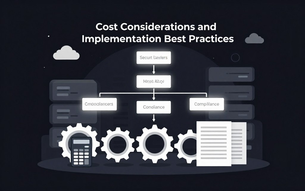 A visually striking flat vector illustration representing "Cost Considerations and Implementation Best Practices" for Multi-Factor Authentication (MFA) in databases. In the foreground, display a series of interconnected gears symbolizing cost analysis, with a calculator and budget sheets arranged neatly. The middle layer features a flowchart illustrating best practices, such as security layers and compliance checks, highlighted with soft glow accents for emphasis. In the background, incorporate abstract shapes of servers and digital clouds to signify database technology. Use a high-contrast color palette with clean lines, ensuring a professional and cohesive look. The lighting should be bright and even, creating a modern and informative atmosphere while maintaining a focus on clarity and conceptual depth.