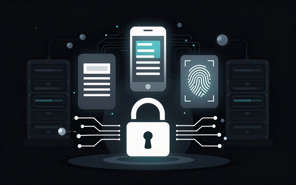 A visually striking illustration depicting authentication and authorization measures in a tech-themed setting. In the foreground, a sleek, modern lock icon surrounded by digital circuit patterns, symbolizing security. The middle layer features stylized representations of multi-factor authentication, like a smartphone with a verification code and a biometric fingerprint scan, glowing softly to highlight their importance. The background is filled with abstract, high-tech server racks and data nodes connected by glowing lines, creating an atmosphere of a secure digital network. Use a flat vector style with clean lines and accentuate the image with soft glow effects. The overall mood is professional and cutting-edge, conveying a sense of trust and safety in API security measures. High contrast between the elements enhances their visibility and impact.