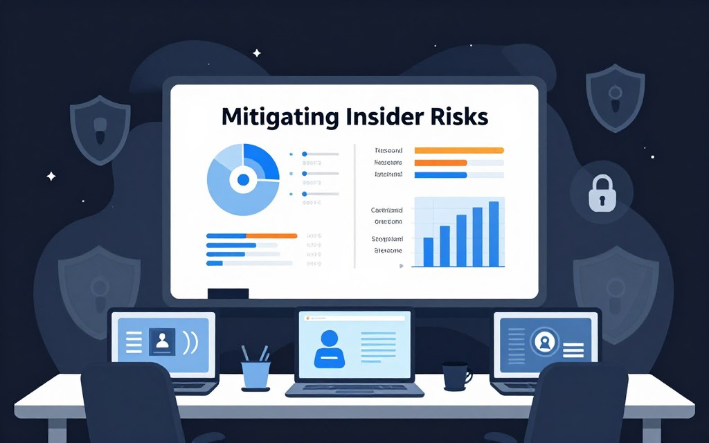 An office training scene illustrating the concept of "Mitigating Insider Risks" in a flat vector style. In the foreground, a clean, modern training room setup with high-tech laptops on a sleek table, showcasing digital security training modules on their screens. The middle layer features vibrant charts and graphs on a digital whiteboard displaying data security statistics and insider threat risk mitigation strategies. In the background, soft-glow accents emitting from abstract security icons, like shields and locks, create an engaging atmosphere. The lighting is bright and inviting, with a subtle emphasis on the training materials. The overall mood is professional and proactive, emphasizing the importance of employee training in preventing insider threats, depicted with high contrast and clean lines, excluding any human subjects.