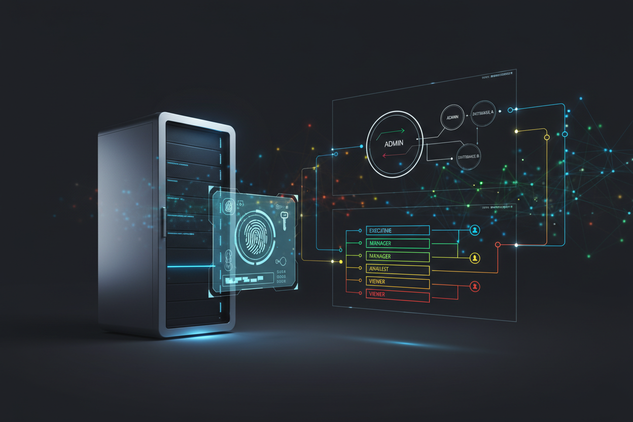 A digital illustration depicting robust access management strategies in a high-tech environment. In the foreground, visualize a sleek, modern server accessed through a futuristic interface, with glowing access panels and interactive controls. The middle layer features layered diagrams of user roles and permissions in a flat vector style, showcasing data flow in bright colors with clean lines. In the background, display a high-tech network infrastructure with glowing nodes and connections against a dark, contrasting backdrop. Soft glow accents illuminate the entire scene, creating a professional atmosphere. The image embodies the concept of security and efficiency without any human presence or text elements, emphasizing the automation and sophistication of database user provisioning. A digital illustration depicting robust access management strategies in a high-tech environment. In the foreground, visualize a sleek, modern server accessed through a futuristic interface, with glowing access panels and interactive controls. The middle layer features layered diagrams of user roles and permissions in a flat vector style, showcasing data flow in bright colors with clean lines. In the background, display a high-tech network infrastructure with glowing nodes and connections against a dark, contrasting backdrop. Soft glow accents illuminate the entire scene, creating a professional atmosphere. The image embodies the concept of security and efficiency without any human presence or text elements, emphasizing the automation and sophistication of database user provisioning.