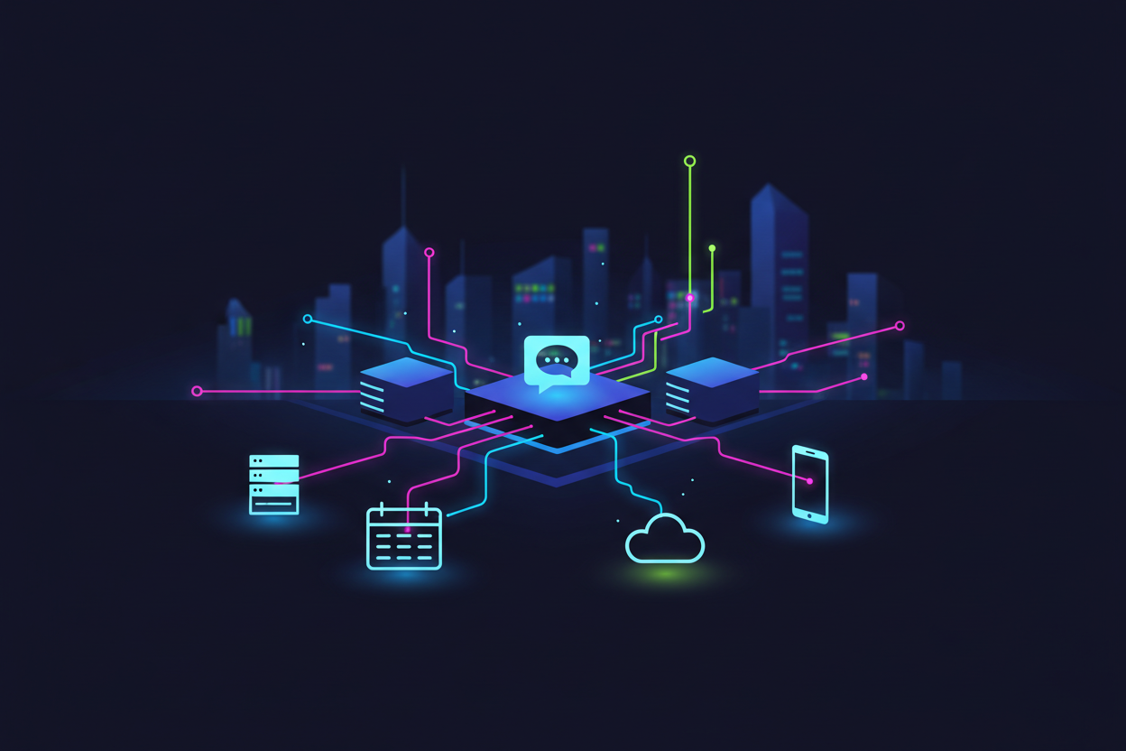 A dynamic illustration of real-time data updates in a digital environment, featuring an abstract representation of interconnected databases. In the foreground, visualize sleek, flat vector-style icons symbolizing various data sources, like spreadsheets and cloud servers, with glowing accents. The middle layer includes multiple flowing data streams, depicted as vibrant lines of light and digital flows, converging towards a central point, representing a chatbot interface. In the background, create a soft-focus city skyline with modern buildings, symbolizing a tech-savvy world. Use high contrast and clean lines, with soft glow accents to enhance the futuristic and professional atmosphere, evoking a sense of efficiency and innovation. A dynamic illustration of real-time data updates in a digital environment, featuring an abstract representation of interconnected databases. In the foreground, visualize sleek, flat vector-style icons symbolizing various data sources, like spreadsheets and cloud servers, with glowing accents. The middle layer includes multiple flowing data streams, depicted as vibrant lines of light and digital flows, converging towards a central point, representing a chatbot interface. In the background, create a soft-focus city skyline with modern buildings, symbolizing a tech-savvy world. Use high contrast and clean lines, with soft glow accents to enhance the futuristic and professional atmosphere, evoking a sense of efficiency and innovation.