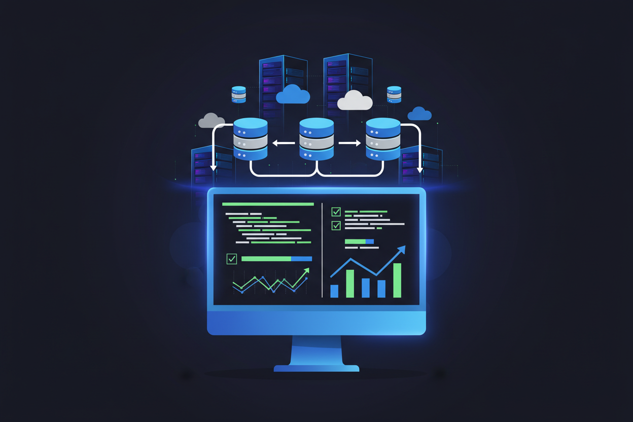 A flat vector illustration depicting automated testing and version control in data workflows. In the foreground, a stylized computer screen displays a user interface with code, automated tests running, and graphs showing successful data integration. The middle layer features interconnected database icons with arrows illustrating data flow, symbolizing continuous integration. The background presents a digital landscape of server racks and cloud databases, emphasizing a modern tech environment. Soft glow accents highlight key elements, while clean lines create a polished, high-contrast appearance. The mood is innovative and efficient, reflecting the dynamic nature of CI/CD pipelines without any human subjects or text.