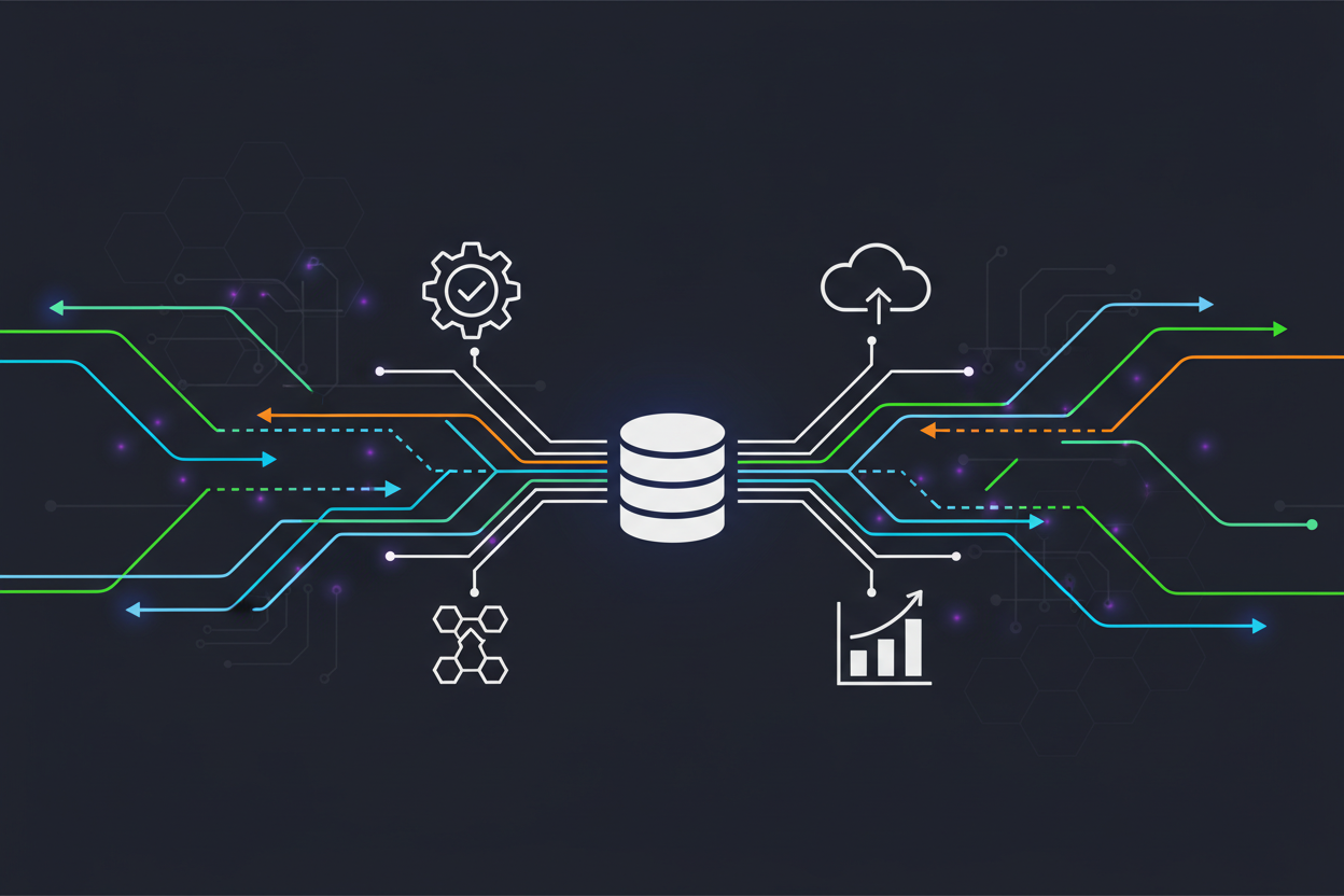A flat vector illustration depicting strategies for seamless ERP data flow. In the foreground, visualize a streamlined database icon interconnected with various ERP system symbols, such as gears, cloud icons, and analytics graphs. In the middle, show dynamic arrows and lines representing the flow of data, illustrating integration and communication between different systems. The background should feature abstract digital patterns, symbolizing a networked environment with a soft glow accent, enhancing the sense of connectivity. Use high contrast colors with a sleek and modern design, while ensuring clean lines throughout. The overall mood should convey efficiency, clarity, and innovation in data management.