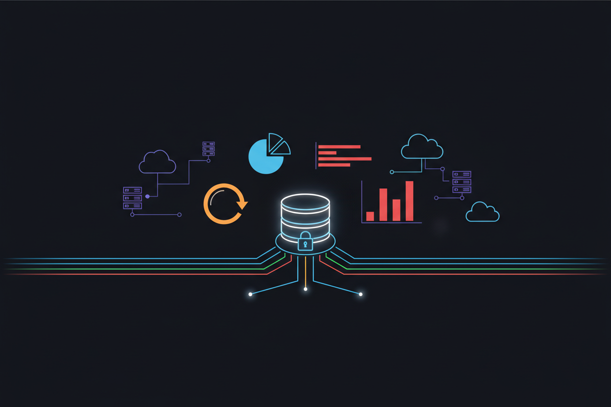 A flat vector illustration depicting strategies to merge disparate data sources within the context of database integration and BI tools. In the foreground, showcase interconnected data streams represented by colorful, clean lines flowing into a central database icon, symbolizing integration. The middle layer features graphical elements like pie charts, bar graphs, and arrows representing data analysis and visualization techniques. In the background, present a simplified digital landscape with abstract server icons and cloud symbols, giving a sense of a modern, interconnected system. Emphasize a soft glow accentuating the edges of the graphical elements, creating a dynamic and engaging atmosphere. Use high contrast to ensure clarity and focus on the integration theme.