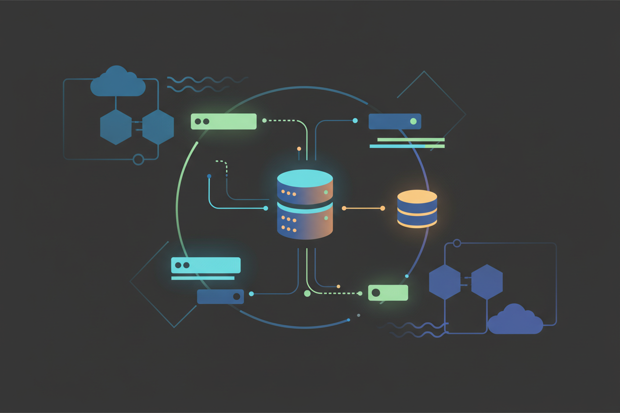 A flat vector style illustration depicting practical API integration techniques with databases. In the foreground, show a stylized server icon connected to a database symbol with clean lines and glowing accents, representing data flow. The middle ground features abstract representations of RESTful API elements, like endpoints and routes, with soft glow highlights to indicate connectivity. In the background, include simplified network diagrams that symbolize cloud computing and interconnected systems, all framed within a high-contrast layout. The overall mood should be professional and modern, emphasizing clarity and efficiency in technology integration, with a balanced composition and no text or human figures.