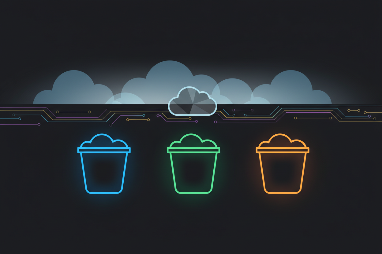 A flat vector style illustration featuring multiple cloud storage buckets positioned prominently in the foreground, each bucket styled in vibrant colors, with clean lines and a soft glow accentuating their edges. In the middle ground, depict a serene digital landscape with abstract data streams flowing seamlessly, representing automated database backups. The background should consist of stylized clouds, softly illuminated, creating a tranquil atmosphere. Incorporate a high-contrast palette, emphasizing the buckets and data streams. The overall mood should convey reliability and efficiency in data management, with a focus on modern technology and seamless integration within the cloud ecosystem. No people or text present, ensuring a clear and professional composition. A flat vector style illustration featuring multiple cloud storage buckets positioned prominently in the foreground, each bucket styled in vibrant colors, with clean lines and a soft glow accentuating their edges. In the middle ground, depict a serene digital landscape with abstract data streams flowing seamlessly, representing automated database backups. The background should consist of stylized clouds, softly illuminated, creating a tranquil atmosphere. Incorporate a high-contrast palette, emphasizing the buckets and data streams. The overall mood should convey reliability and efficiency in data management, with a focus on modern technology and seamless integration within the cloud ecosystem. No people or text present, ensuring a clear and professional composition.