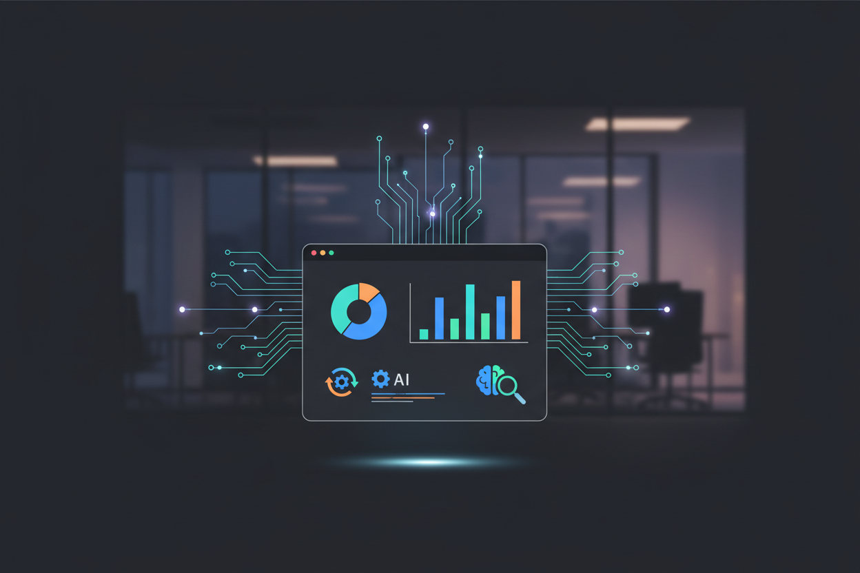 A flat vector style illustration showcasing the concept of leveraging AI and automation in CRM systems. In the foreground, a stylized representation of a CRM dashboard filled with colorful graphs, automated tasks, and AI insights displayed as glowing icons. The middle ground features abstract circuit patterns and interconnected data nodes symbolizing automation, with soft glow accents illuminating the connections. In the background, a blurred office setting with modern architecture and soft lighting to create an innovative atmosphere. The overall mood is futuristic and dynamic, reflecting efficiency and cutting-edge technology, with high contrast elements for visual impact. No people or text present, focusing solely on the tools and concepts of AI-driven CRM integration. A flat vector style illustration showcasing the concept of leveraging AI and automation in CRM systems. In the foreground, a stylized representation of a CRM dashboard filled with colorful graphs, automated tasks, and AI insights displayed as glowing icons. The middle ground features abstract circuit patterns and interconnected data nodes symbolizing automation, with soft glow accents illuminating the connections. In the background, a blurred office setting with modern architecture and soft lighting to create an innovative atmosphere. The overall mood is futuristic and dynamic, reflecting efficiency and cutting-edge technology, with high contrast elements for visual impact. No people or text present, focusing solely on the tools and concepts of AI-driven CRM integration.
