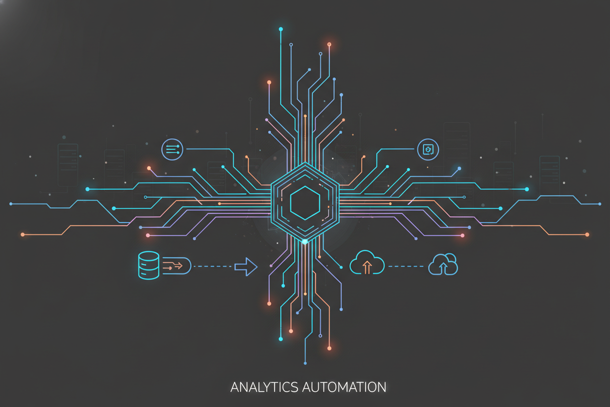 A futuristic data infrastructure design in a flat vector style, featuring clean lines and a harmonious flow of interconnected data streams. In the foreground, stylized icons representing databases, data pipelines, and cloud computing, all bathed in soft glow accents. The middle ground displays intricate network paths with animated lines that converge toward a central hub, symbolizing evolving technology and scalability. The background showcases a vast digital landscape, with abstract representations of servers and nodes extending into the horizon, emphasizing growth and adaptability. The entire scene is illuminated by high contrast lighting, creating an energetic yet professional atmosphere, ideal for illustrating the concept of evolving data infrastructure for analytics automation.