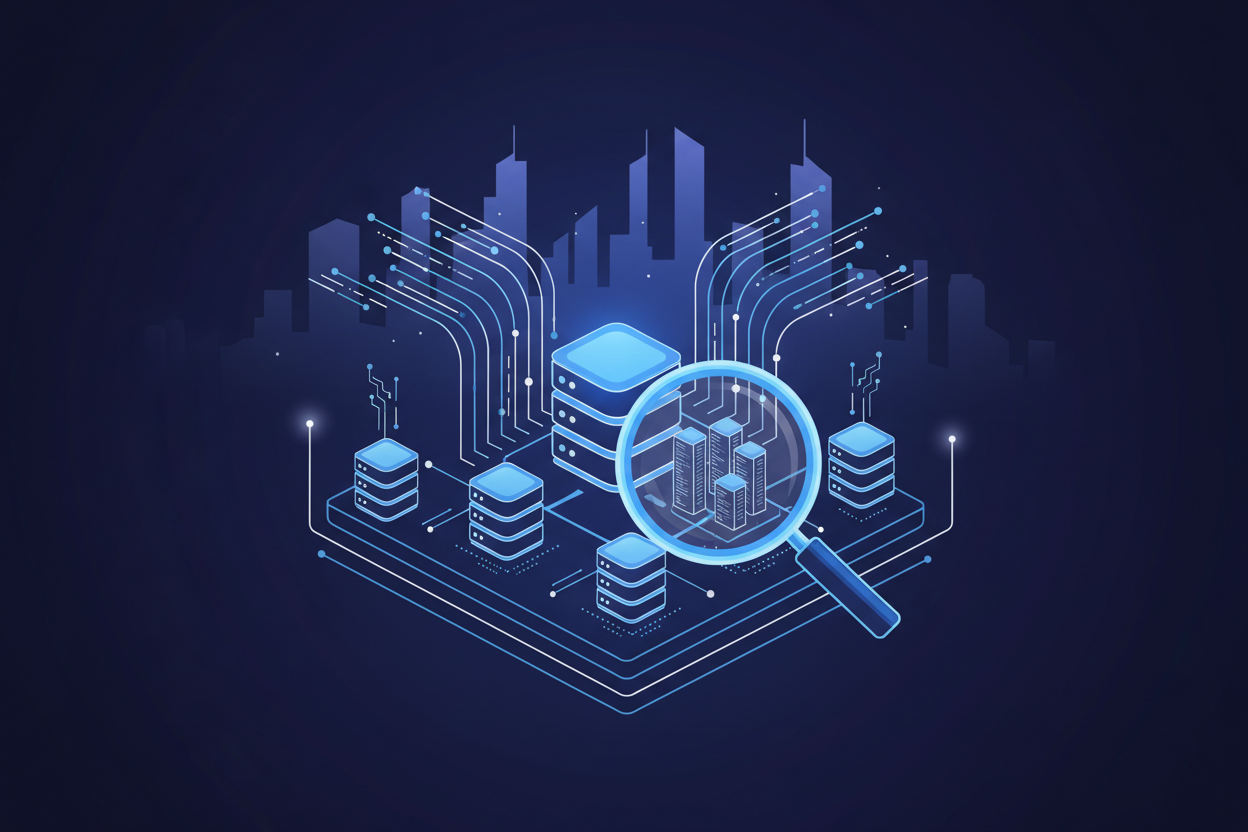 A high-contrast flat vector illustration depicting a digital database with interconnected servers and lines of code flowing through the air, symbolizing security code reviews and database migrations. In the foreground, a magnifying glass hovers over a portion of the database, emphasizing thorough reviews. The background features a sleek, modern city skyline made of stylized silhouettes, representing technology and innovation. Soft glow accents create a futuristic atmosphere, while clean lines and geometric shapes enhance the technical vibe. The lighting is bright but soft, creating an inviting yet professional mood that underscores reliability and security without the presence of human figures or text elements. A high-contrast flat vector illustration depicting a digital database with interconnected servers and lines of code flowing through the air, symbolizing security code reviews and database migrations. In the foreground, a magnifying glass hovers over a portion of the database, emphasizing thorough reviews. The background features a sleek, modern city skyline made of stylized silhouettes, representing technology and innovation. Soft glow accents create a futuristic atmosphere, while clean lines and geometric shapes enhance the technical vibe. The lighting is bright but soft, creating an inviting yet professional mood that underscores reliability and security without the presence of human figures or text elements.