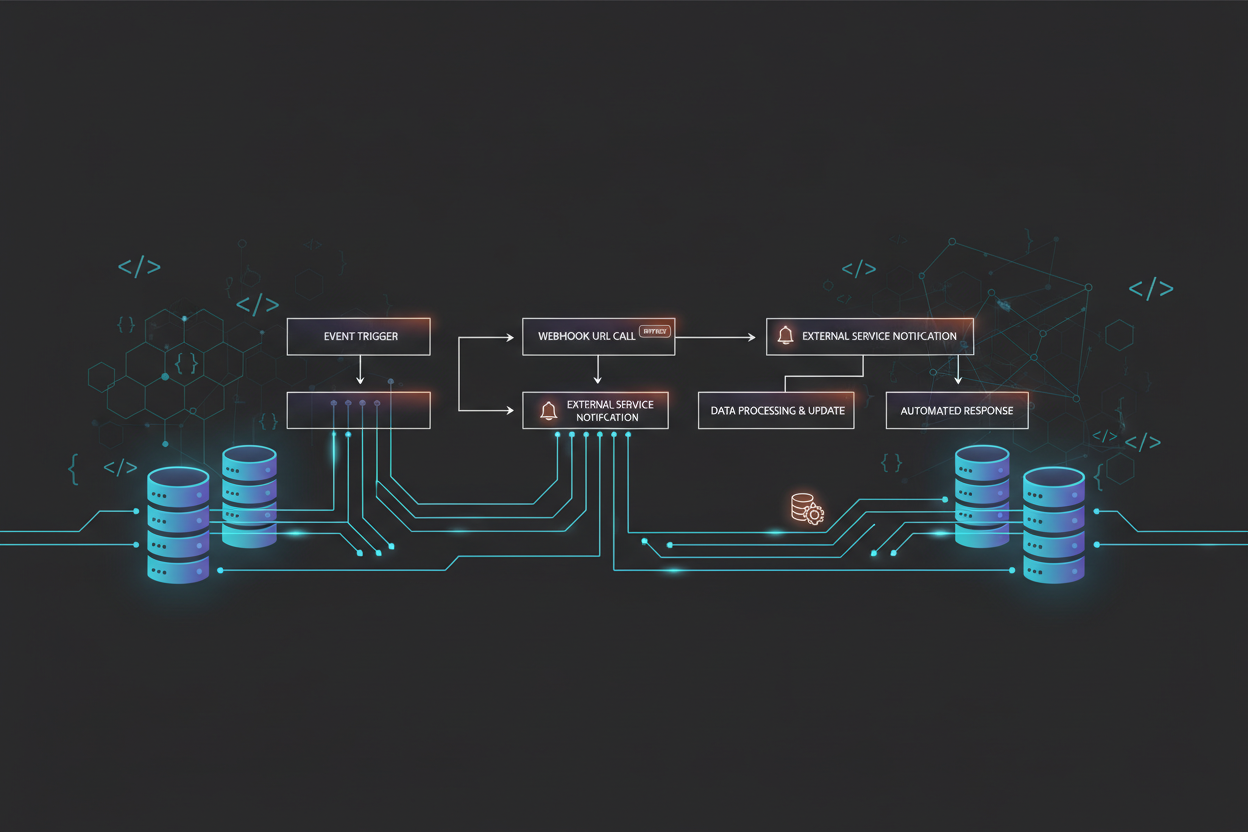 Integrating webhooks into modern application workflows illustrated in a flat vector style. In the foreground, depict interconnected servers and databases with glowing connections symbolizing real-time data flow. The middle layer features a dynamic flowchart displaying various steps of webhook integration, emphasizing automation, notifications, and data updates. In the background, show abstract representations of coding elements and network connections, creating a digital atmosphere. Utilize soft glow accents throughout the image to enhance the sense of connectivity, with high contrast to define each layer clearly. Ensure clean lines and a tech-centric aesthetic to convey an innovative, efficient workflow environment. The overall mood should be modern, professional, and engaging, focusing on the synergy of technology and operational efficiency.